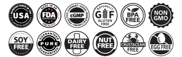 GLPro certification badges — GMP Certified, Non-GMO, Made in USA, FDA Registered, 3rd-Party Tested